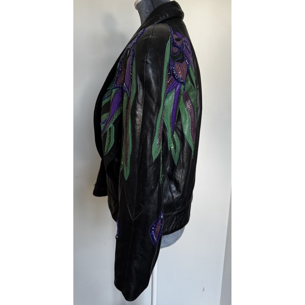 Vtg 80's Erez Flaming Irises Leather Jacket M Moto Snakeskin Trim Colorful Art - Picture 8 of 16